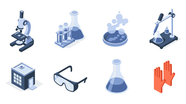 Isometric laboratory equipment with microscope, beakers, and safety gear