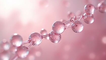 Abstract pink molecular structure with connected spheres and bokeh background. Shows science, chemistry, and medical research concepts for digital design.