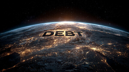 USA highlighted on a world map with the word DEBT prominently displayed, symbolizing national finance, economic pressure, and global fiscal relationships.
