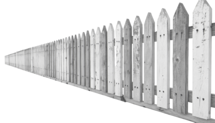 A old wooden fence with rustic paint isolated on a white or transparent background.
