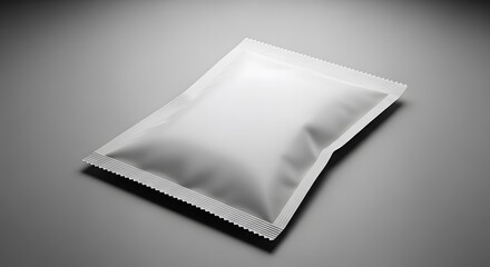 Plain white rectangular sachet or pouch on a grey background with subtle lighting.