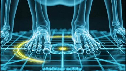 A futuristic x-ray visualization of human feet and legs glowing blue on a dark digital analysis grid. - Powered by Adobe