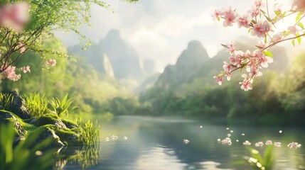 Serene spring river valley with blossoming trees