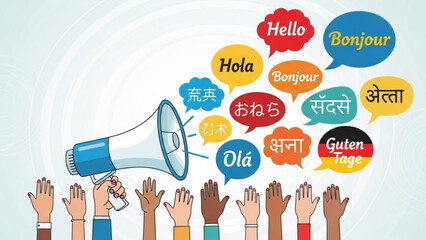 Diverse group of people communicating in multiple languages with a megaphone with communication and multilingual and culture and connection and global