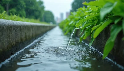 Gordijnen Kaki Concrete channel guides flowing water during rainfall. Green plants grow alongside the channel. City skyline visible in distance. Stormwater runoff management system.  © Viktor