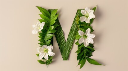 Elegant Green Leaf Letter M Surrounded by White Flowers on Soft Background