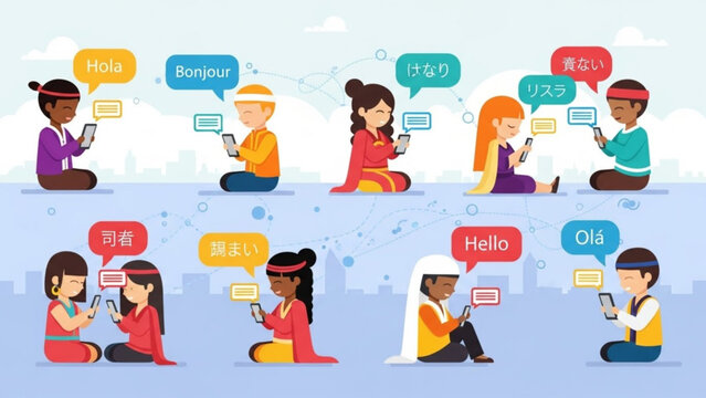Diverse group of people from different cultures and ethnicities using smartphones with speech bubbles in multiple languages including hello, hola, bonjour, and ola