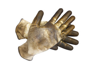 Heavily used dirty knitted working gloves lying one on top of the other on flat surface isolated on white