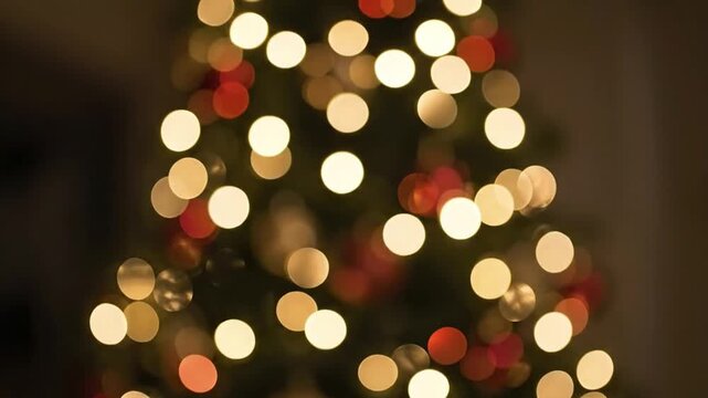 A beautiful, abstract display of shimmering bokeh lights creates a magical and festive atmosphere. Circular, out-of-focus highlights in warm golden and subtle red hues gently animate against a dark ba