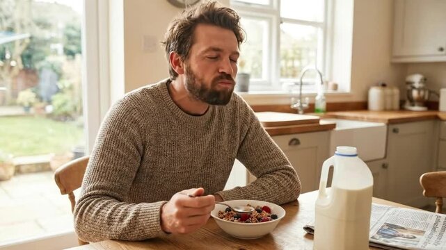 A bearded man with tousled hair, dressed in a comfortable knitted sweater, is captured in a bright kitchen setting, enjoying a wholesome bowl of cereal generously topped with fresh blueberries and ras