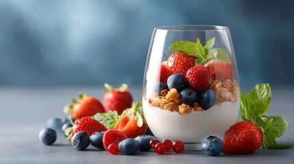 A colorful dessert arranged beautifully in a clear glass showcases creamy yogurt layered with crunchy granola and a variety of fresh berries, evoking a sense of summer freshness and joy