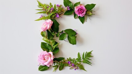 Floral Letter E Arrangement with Pink Roses and Green Leaves for Creative Designs and Artistic Projects