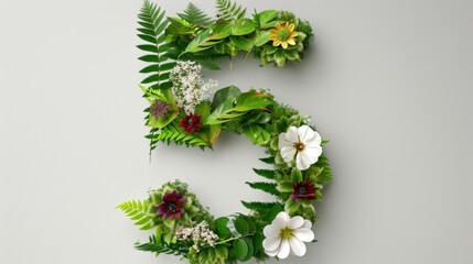 Green Floral Arrangement Shaping the Number Five Surrounded by Varied Leaves and Blooms for Nature Themes