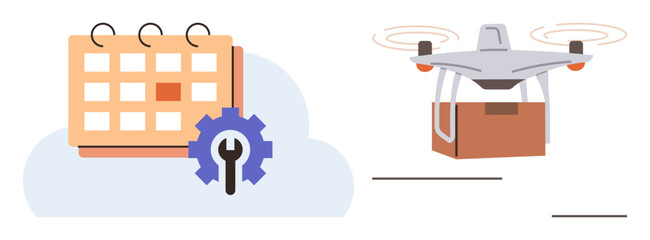 Logistics, scheduling, automation, delivery services, e-commerce, technology. A calendar with a cogwheel next to a quadcopter carrying a package. Logistics and scheduling concept
