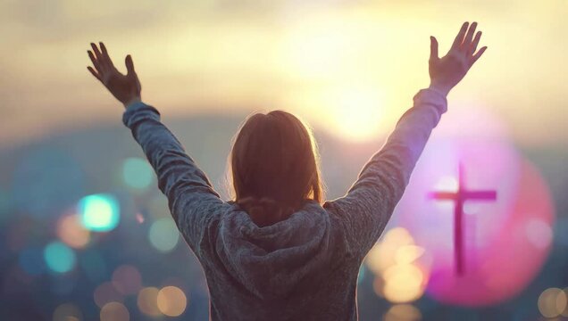 A Young woman raised her hands, praise the lord, and gratefully, with blurred cross in the distance.  Christian faith concept