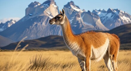 Majestic llama standing in golden grassland with snow capped mountains in the background under clear blue sky scenic rural landscape nature wildlife photography