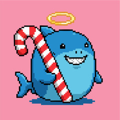 Cute Chubby Shark Character Holding Holiday Candy Cane Pixel Art