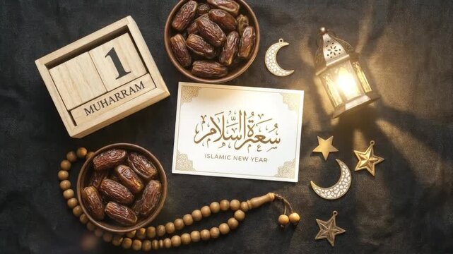 A beautifully arranged flat lay composition featuring an array of traditional and symbolic items on a dark, textured background, ideal for concepts of celebration, reflection, and new beginnings. The 