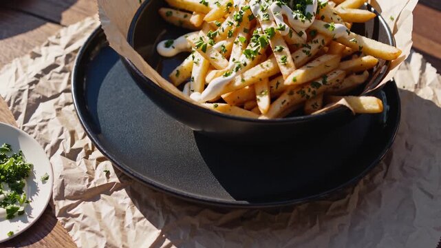 French fries in bowl topped with cheese, sauce, herbs, and bacon. Fastfood lunch snack with crispy texture. Savory fries and chicken combo with creamy cheese sauce and crispy bacon meal idea