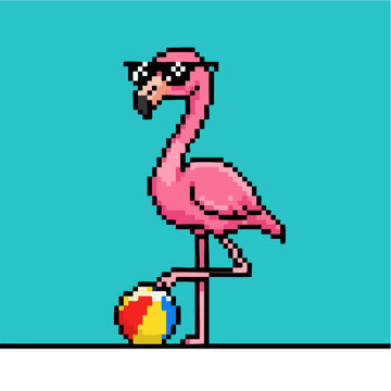 Digital pixel art flamingo in sunglasses holding a beach ball