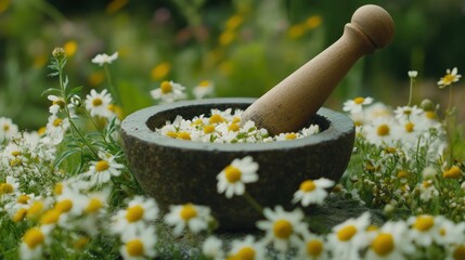 Herbal chamomile flowers in stone mortar and pestle in garden setting