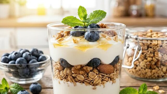 A beautifully composed parfait in a clear glass features enticing layers of creamy white yogurt, crunchy golden granola mixed with various nuts including walnuts and almonds, and bursts of vibrant blu