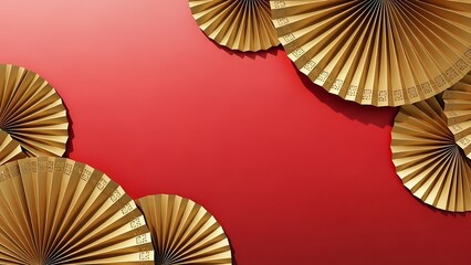 Golden fans displayed on a red gradient background with copy space