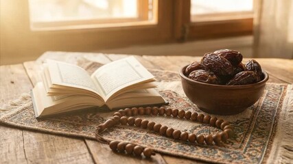 A beautifully composed still life captures a moment of serene contemplation, bathed in warm, soft natural light filtering through a window. An ancient-looking open book with intricate script rests on 
