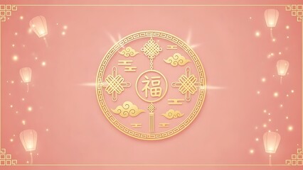 Golden ornamental circle on a pink background with lanterns and lights