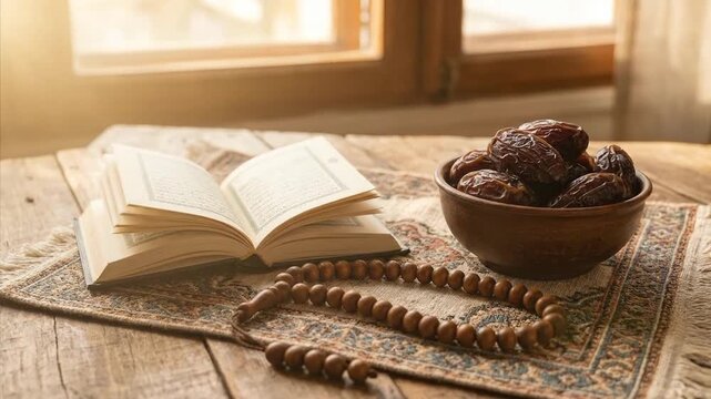 A beautifully composed still life captures a moment of serene contemplation, bathed in warm, soft natural light filtering through a window. An ancient-looking open book with intricate script rests on 