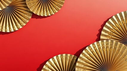 Golden paper fans on vibrant red background for celebration or design
