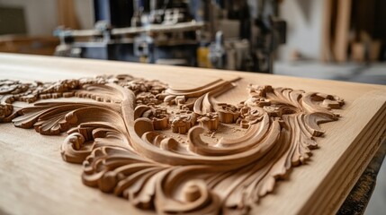 Ornate wood carving,  furniture crafting in a workshop, machinery in the background