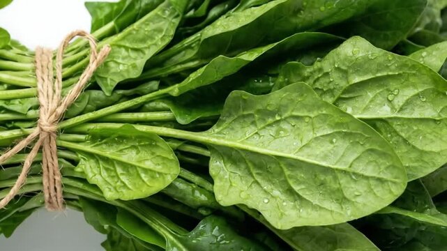 A beautifully fresh bundle of vibrant green leafy vegetables, still glistening with delicate water droplets, is neatly tied together with natural twine against a clean, bright background. This crisp, 