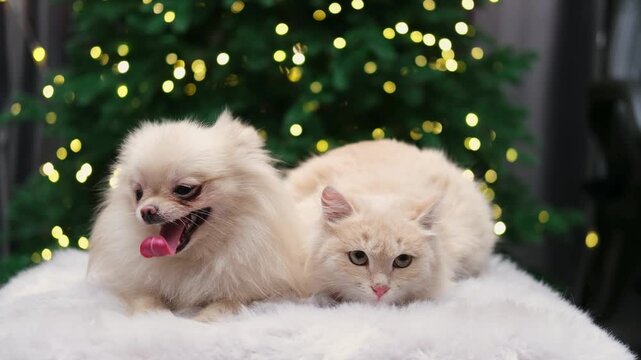 cute spitz dog near the christmas tree close up
