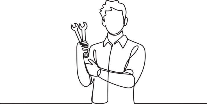 Continuous line drawing of young male mechanic pose holding set of wrench. Single one line art of man professional job profession minimalist concept.one line vector illustration with out background