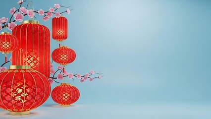 Red lanterns and cherry blossoms against a blue background copy space