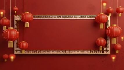 Red lanterns and gold frame on red background for festive celebration