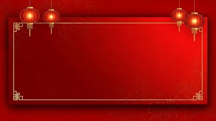 Red lanterns and empty banner against red background with decorative elements