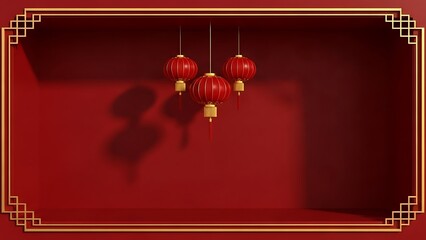 Red lanterns on red background with golden frame for celebration concept