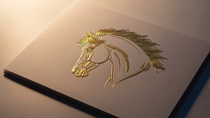 Golden horse head emblem embossed on a textured surface, symbolizing power and elegance
