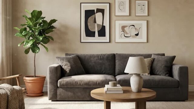 A beautifully styled modern living room interior captured with abundant natural light, showcasing a sophisticated and inviting ambiance. The scene features a plush dark grey sofa adorned with soft cus