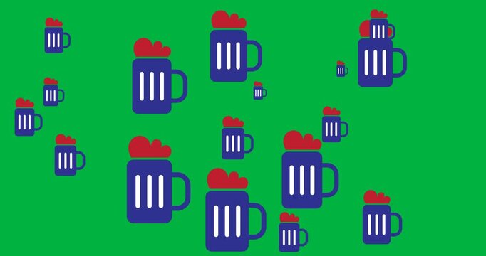 Digital animation of multiple beer pitchers icons moving against black background