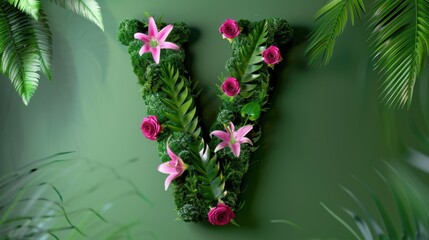 Fototapeta premium Green Letter V Decorated with Tropical Foliage and Pink Flowers in a Vibrant Natural Setting