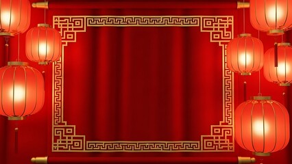 Traditional red lanterns and ornate frame on red backdrop for cultural designs