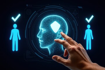 Human hand interacts with a digital brain interface featuring an embedded chip and verified user selection process