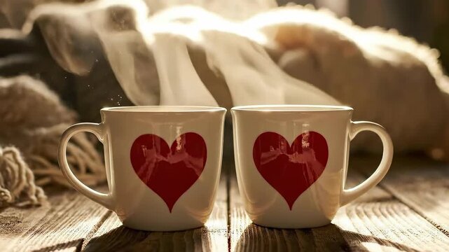 Two steaming white mugs with red heart prints on a rustic wooden table, cozy indoor setting for romantic morning coffee or tea break.