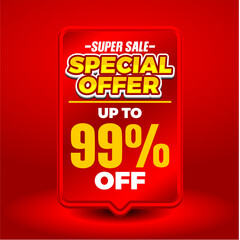 Super Sale Special Offer Up To 10,20,30,40,50,60,70,80,90 and 99 % Off Tag. Red vertical 3D price label with yellow bold text. Vector marketing design for retail.