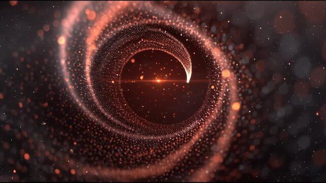 Glowing particles form a swirling vortex in a dark space with a radiant orange glow effect.