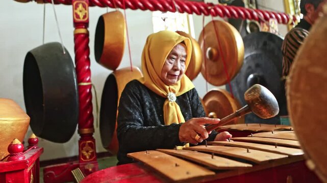 Indonesian woman playing a traditional gamelan ensemble instrument