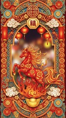 Fototapeta premium Vibrant Red Horse Leaping from Golden Flames. Intricate Traditional Cultural Design with Festive Lanterns, Symbolizing Prosperity and Good Fortune